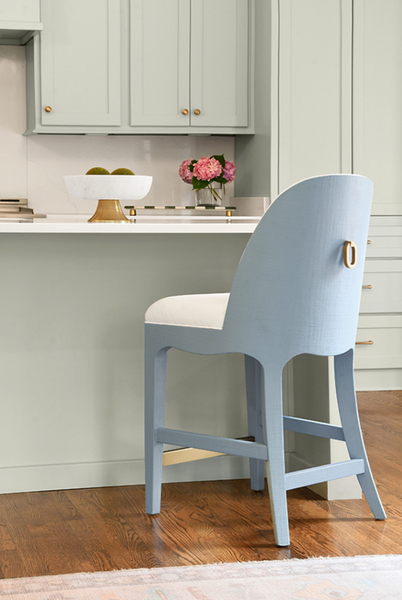 Sadie Light Blue Textured Linen Framed Counter Stool with White Performance Linen Upholstery and Brass