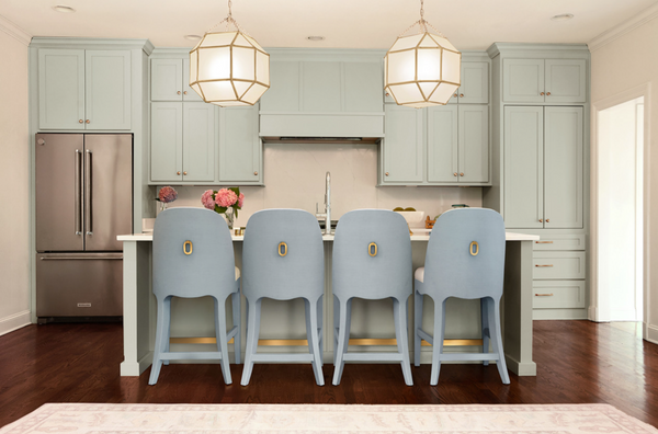 Sadie Light Blue Textured Linen Framed Counter Stool with White Performance Linen Upholstery and Brass