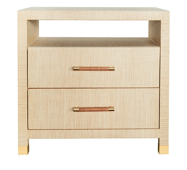 Hancock Two Drawer Side Table - Matte White, Natural Grasscloth, or Burlwood w/Rattan Wrapped Handles