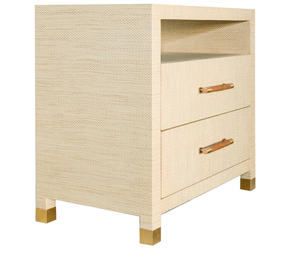 Hancock Two Drawer Side Table - Matte White, Natural Grasscloth, or Burlwood w/Rattan Wrapped Handles