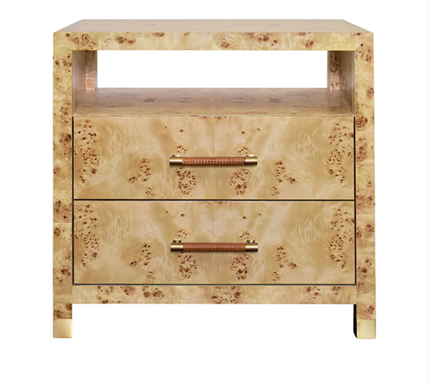 Hancock Two Drawer Side Table - Matte White, Natural Grasscloth, or Burlwood w/Rattan Wrapped Handles