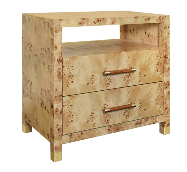 Hancock Two Drawer Side Table - Matte White, Natural Grasscloth, or Burlwood w/Rattan Wrapped Handles