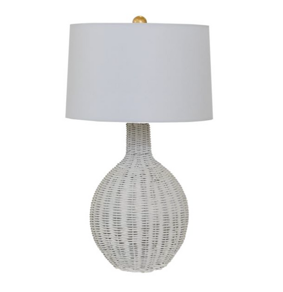 Clancy Rustic White Table Lamp - Rattan w/White Linen Shade