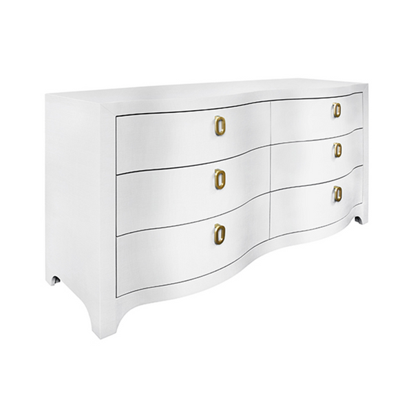 Rosie Textured White Linen Curved Front Six Drawer Chest with Satin Brass Hardware