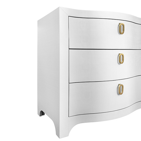Rosie Textured White Linen Curved Front Six Drawer Chest with Satin Brass Hardware