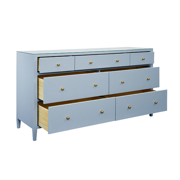 Carnegie Light Blue Textured Linen, Glass Top, Seven Drawer Chest with Brass Knobs