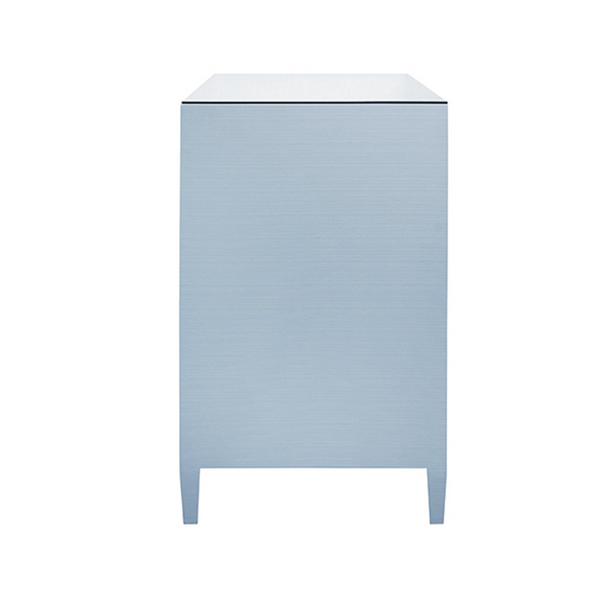 Carnegie Light Blue Textured Linen, Glass Top, Seven Drawer Chest with Brass Knobs