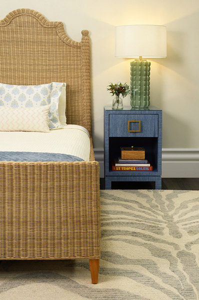 Blair Blue Grasscloth, Glass Top, One Drawer Square Side Table with Satin Brass Drawer Pull