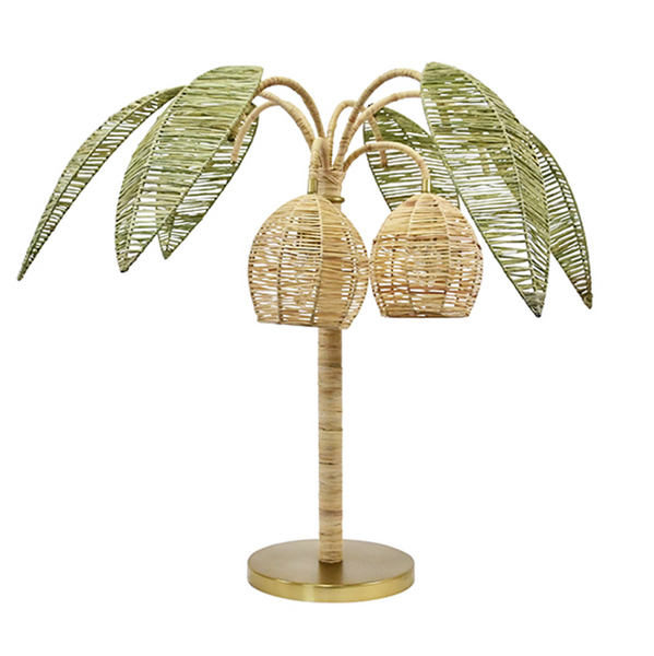 Sola Green and Natural Paper Rafia Palm Tree and Coconut Table Lamp with Brass Details