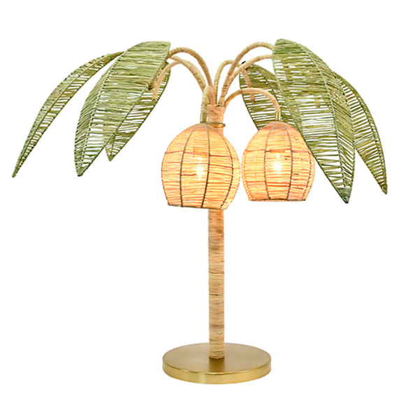 Sola Green and Natural Paper Rafia Palm Tree and Coconut Table Lamp with Brass Details