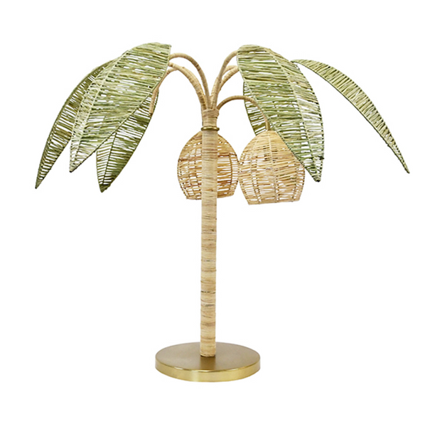 Sola Green and Natural Paper Rafia Palm Tree and Coconut Table Lamp with Brass Details