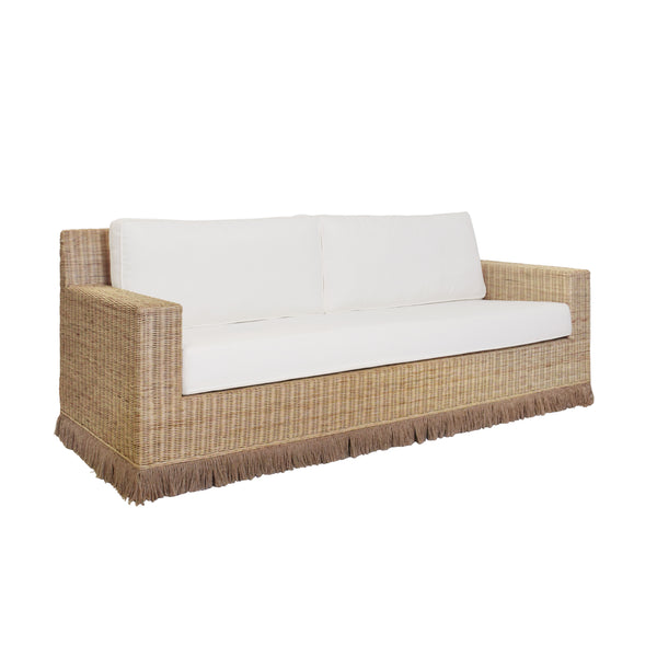 Tenny Lawson-Style Rattan & Ivory Linen Sofa with Fringed Skirt
