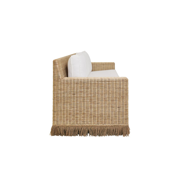 Tenny Lawson-Style Rattan & Ivory Linen Sofa with Fringed Skirt