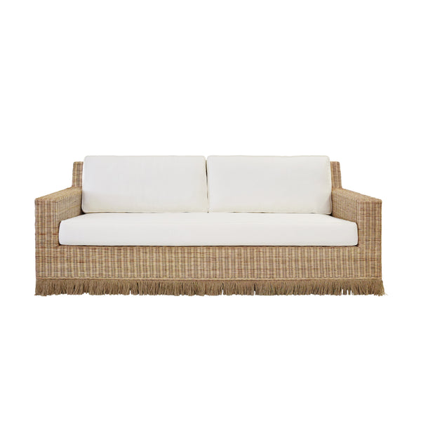 Tenny Lawson-Style Rattan & Ivory Linen Sofa with Fringed Skirt