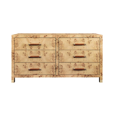 Winchester Burlwood Six Drawer Dresser w/Rattan Wrapped Handles