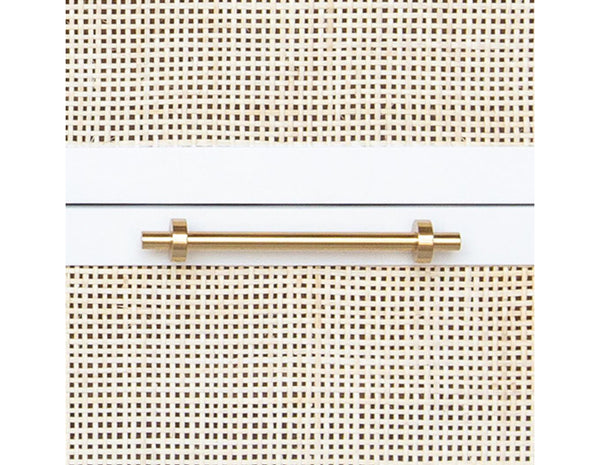 Carla Six Drawer Chest - Matte White Lacquer, Brass & Cane