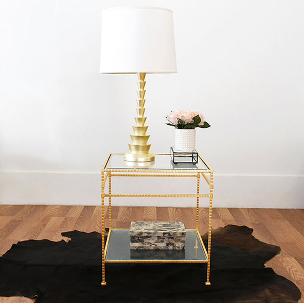 Amos Two Tier Side Table - Hammered Metal, Gold Leaf, & Glass Top