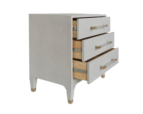 Amber Grey Shagreen Three Drawer Side Table with Acrylic & Brass Handles