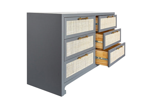 Carla Six Drawer Chest - Matte Grey Lacquer, Brass & Cane