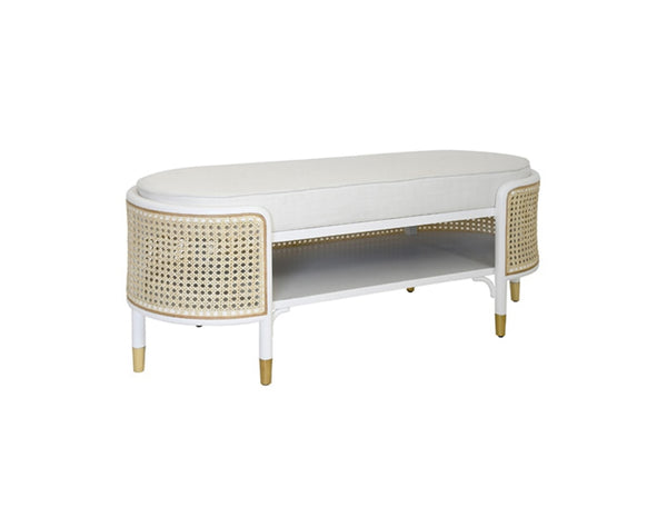 Beale White Wood Storage Bench w/Caned Sides & White Linen Cushion