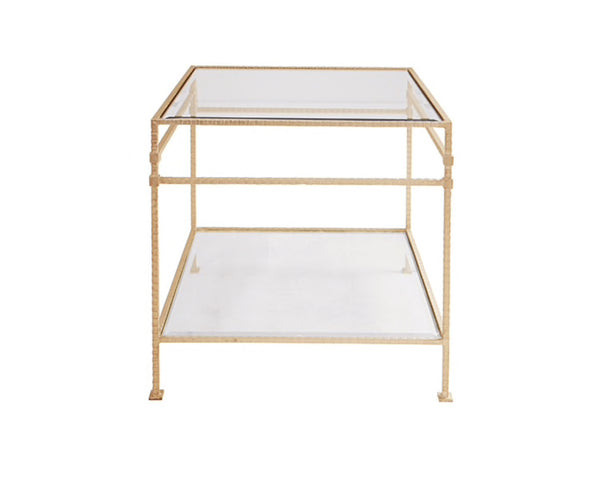 Amos Two Tier Side Table - Hammered Metal, Gold Leaf, & Glass Top