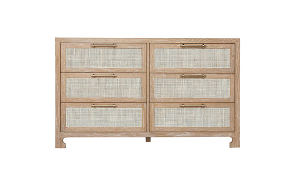 Carla Six Drawer Chest - Cerused Oak, Brass & Cane