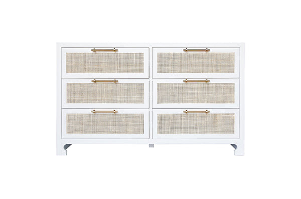 Carla Six Drawer Chest - Matte White Lacquer, Brass & Cane