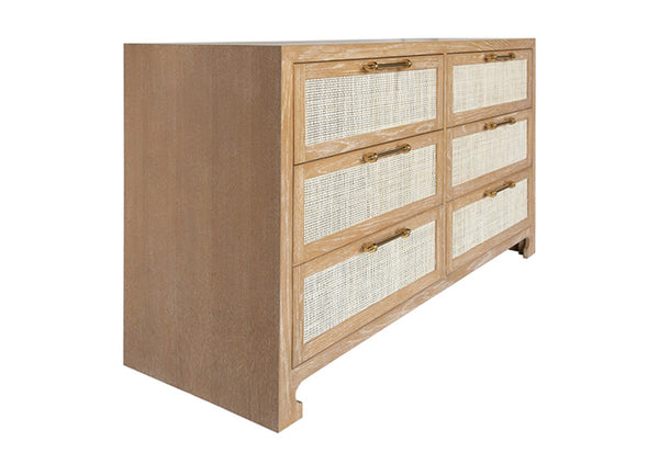 Carla Six Drawer Chest - Cerused Oak, Brass & Cane
