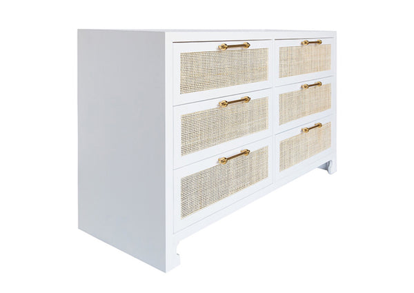 Carla Six Drawer Chest - Matte White Lacquer, Brass & Cane