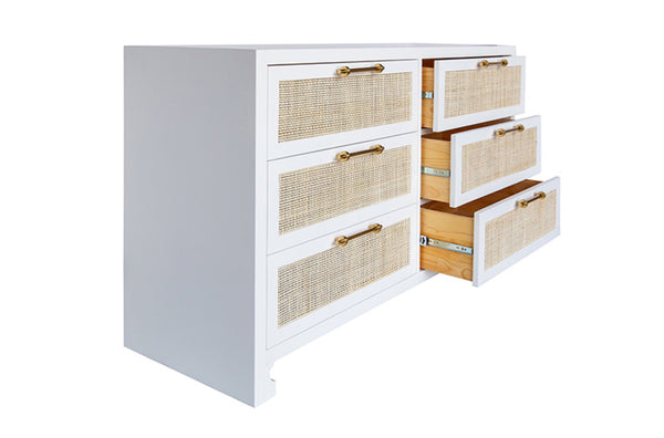 Carla Six Drawer Chest - Matte White Lacquer, Brass & Cane