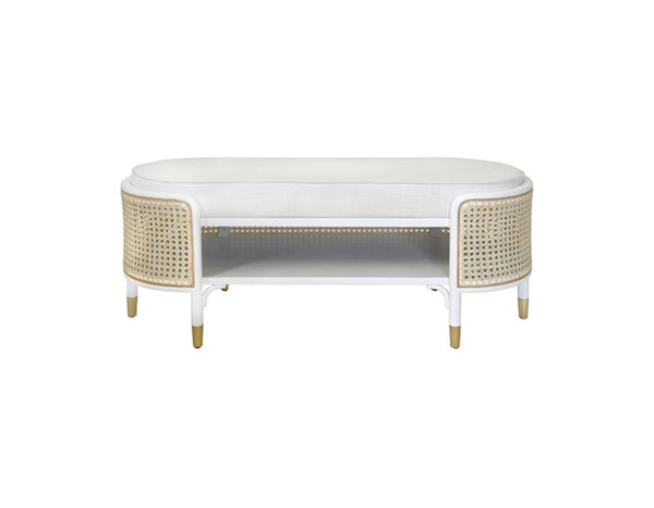 Beale White Wood Storage Bench w/Caned Sides & White Linen Cushion