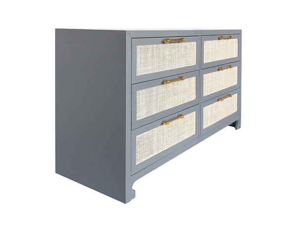 Carla Six Drawer Chest - Matte Grey Lacquer, Brass & Cane