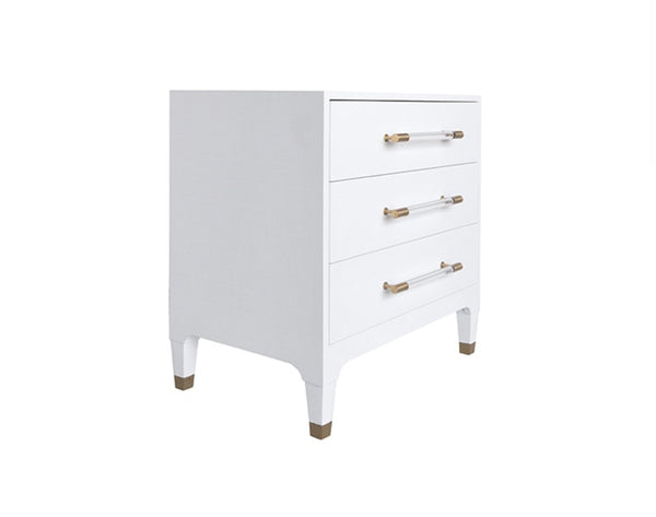 Amber White Linen Three Drawer Side Table with Acrylic & Brass Handles