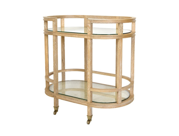 Zaina Cerused Oak Bar Cart w/Glass Shelves