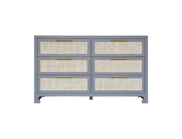 Carla Six Drawer Chest - Matte Grey Lacquer, Brass & Cane