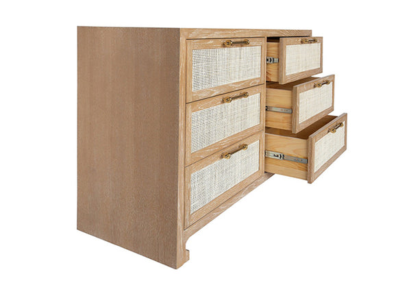 Carla Six Drawer Chest - Cerused Oak, Brass & Cane