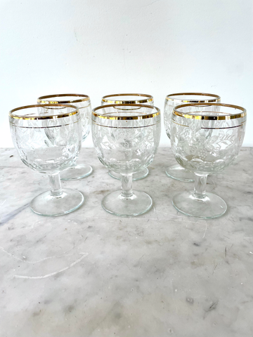 Early 20th Century Glass Wine Goblets With 22k Trim, Floral Etching on Glass - Matthew Izzo Home