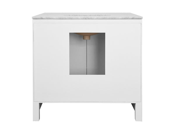 April Single Sink Bath Vanity - Light Blue Linen, Matte White Lacquer & Brass