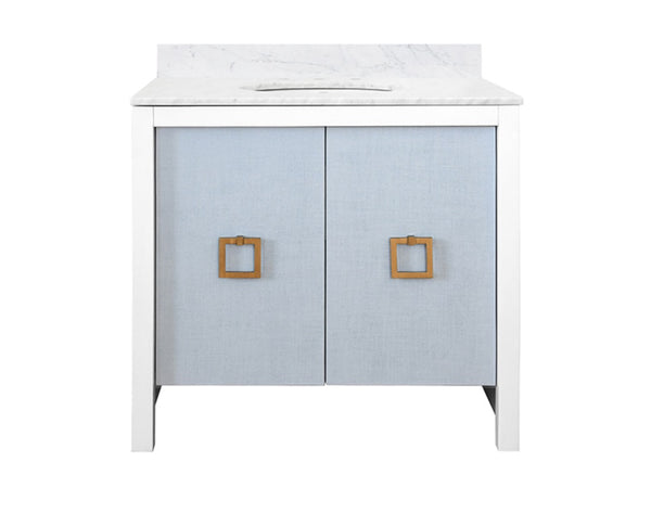 April Single Sink Bath Vanity - Light Blue Linen, Matte White Lacquer & Brass