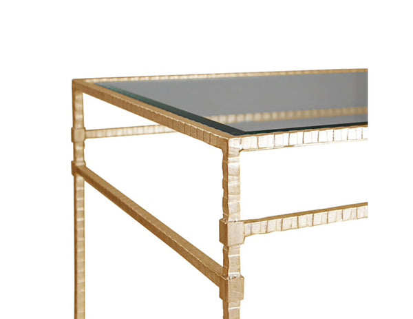 Amos Two Tier Side Table - Hammered Metal, Gold Leaf, & Glass Top