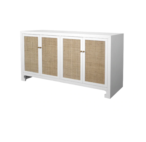 Sofia Matte White Lacquer & Cane Four Door Cabinet