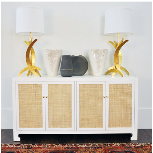 Sofia Matte White Lacquer & Cane Four Door Cabinet