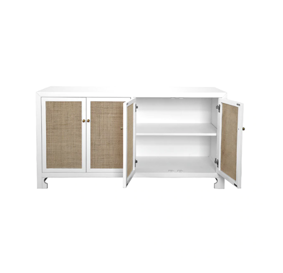 Sofia Matte White Lacquer & Cane Four Door Cabinet