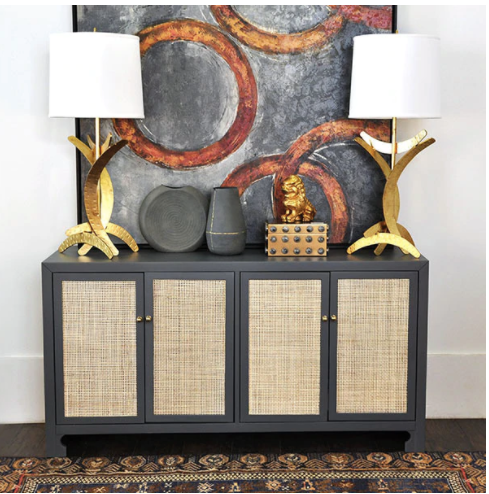 Sofia Matte White Lacquer & Cane Four Door Cabinet