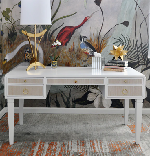 Heidi White Lacquer Desk w/Natural Grasscloth & Brass Pulls