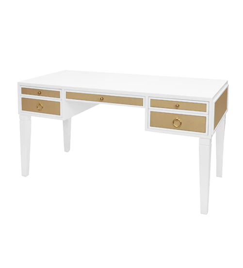 Heidi White Lacquer Desk w/Natural Grasscloth & Brass Pulls