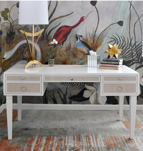 Heidi White Lacquer Desk w/Natural Grasscloth & Nickel Pulls