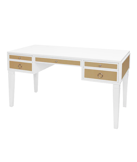 Heidi White Lacquer Desk w/Natural Grasscloth & Nickel Pulls