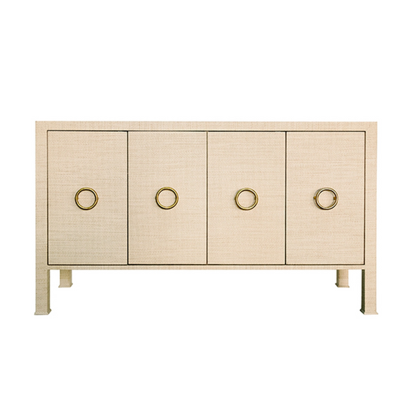 Rue Four Door Buffet - Natural Grasscloth  w/Antique Brass Hardware