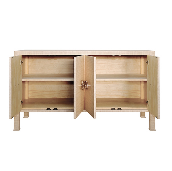 Rue Four Door Buffet - Natural Grasscloth  w/Antique Brass Hardware